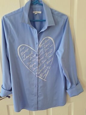 Chico's Powder Blue Button-Down Shirt with White Heart Script